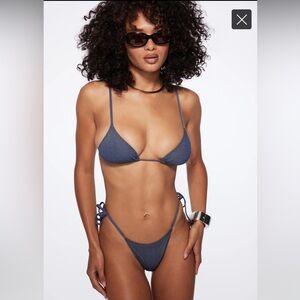 Tropic of C Blue Denim Print Equator Triangle String Bikini Praia Set XS/S
